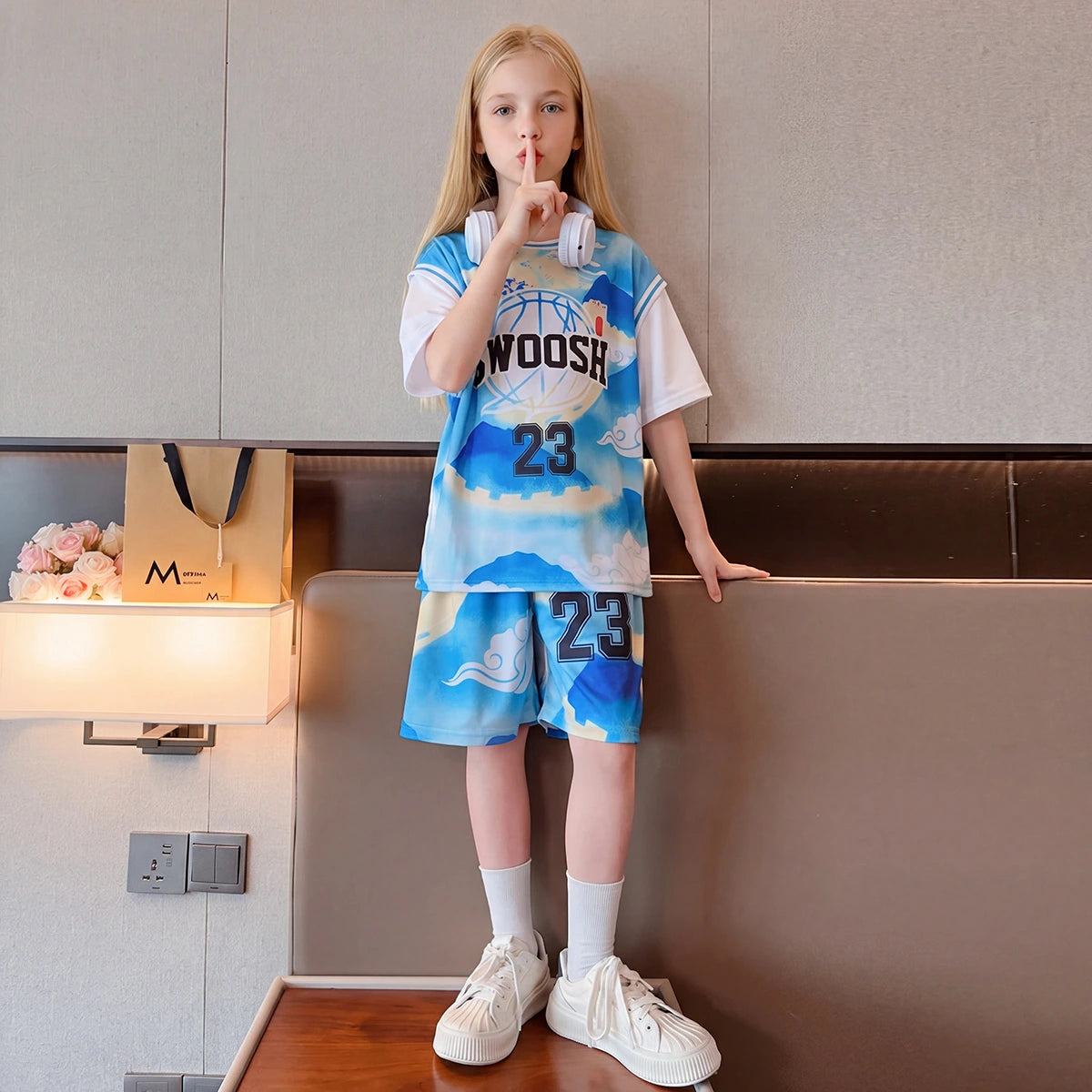 Girls Blue Alphanumeric Printed Short Sleeve T-Shirt With Shorts Sets 2 pc. Sets Blue 5-6 Y