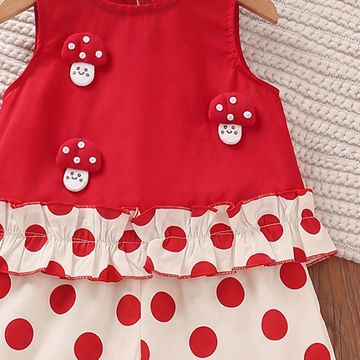 Girls Red Mushroom Applique Sleeveless Top With Polka Dot Pants Sets 2 pc. Sets