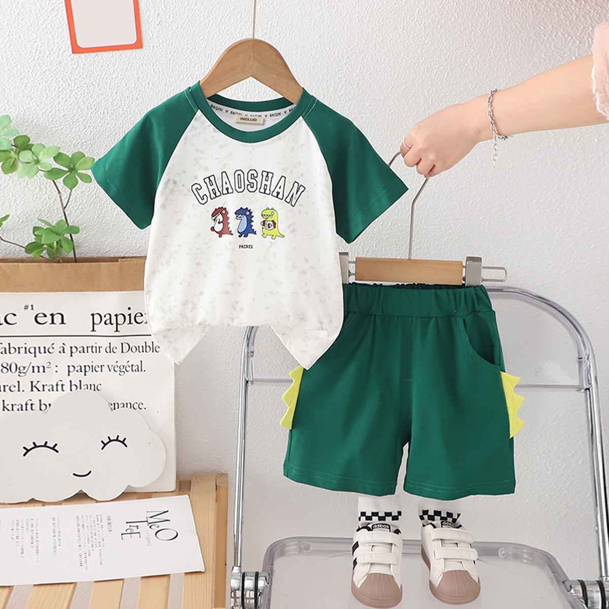 Boys Green Raglan Sleeves Dinosaur Printed T-Shirt With Shorts Set 2 pc. Sets Green 1-2 Y