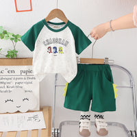 Boys Green Raglan Sleeves Dinosaur Printed T-Shirt With Shorts Set 2 pc. Sets Green 1-2 Y
