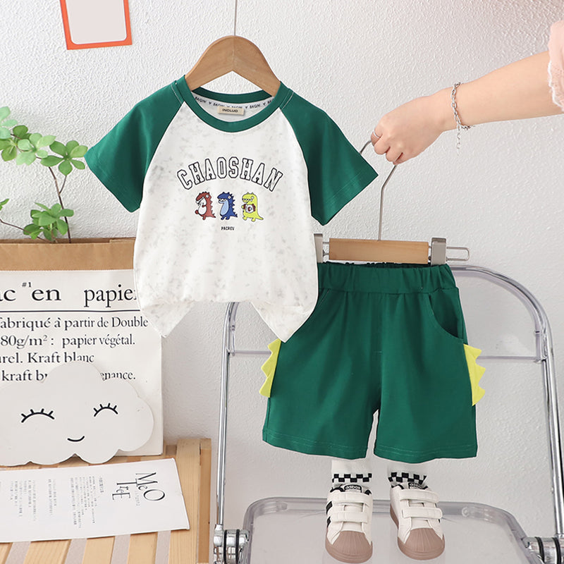 Boys Green Raglan Sleeves Dinosaur Printed T-Shirt With Shorts Set 2 pc. Sets Green 1-2 Y