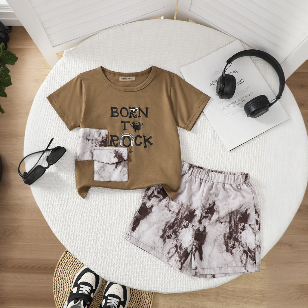 Boys Brown Printed Short Sleeves T-Shirt With Elasticated Printed Shorts Set 2 pc. Sets Brown 3-4 Y