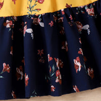 Girls Yellow Floral Print Round Neck Tiered Dress Casual Dresses