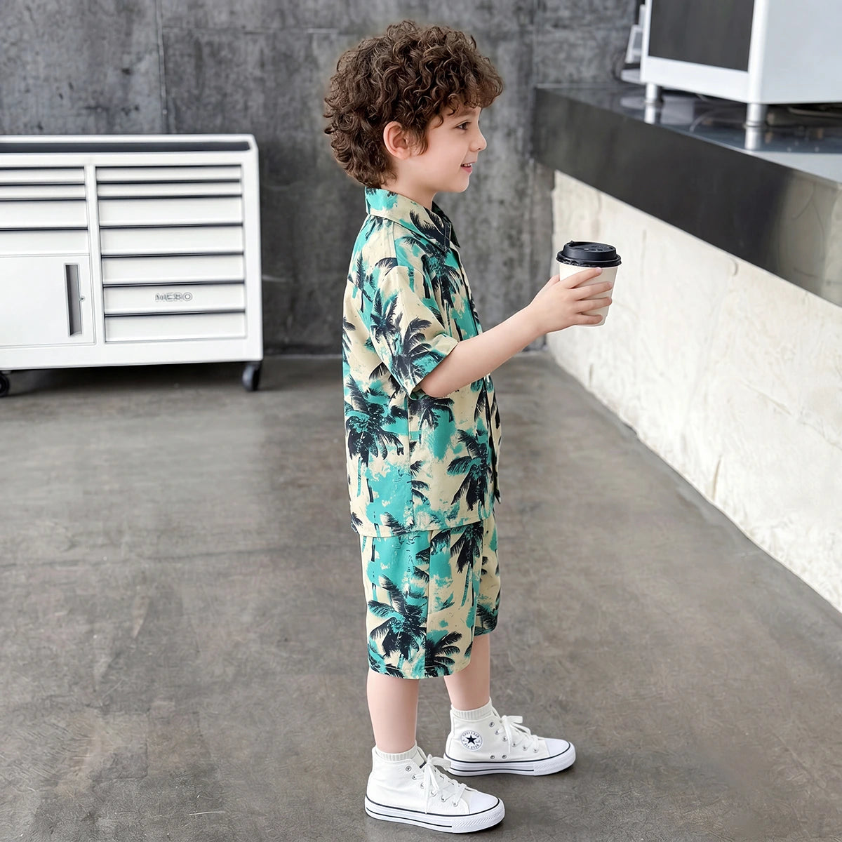 Boys Green Tropical Palm Print Shirt With Shorts Sets 2 pc. Sets
