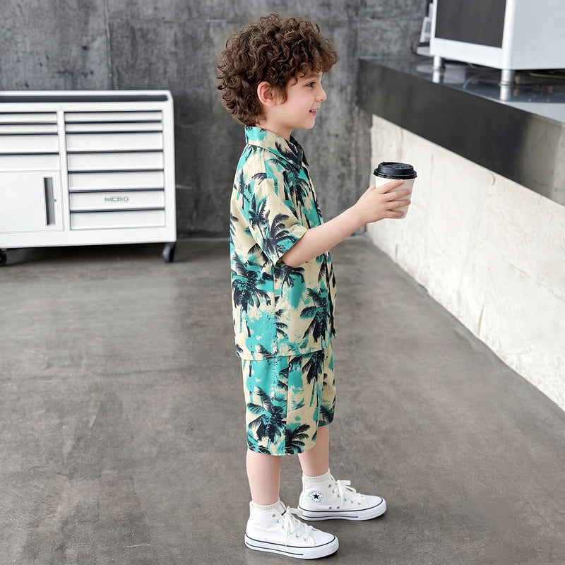 Boys Green Tropical Palm Print Shirt With Shorts Sets 2 pc. Sets