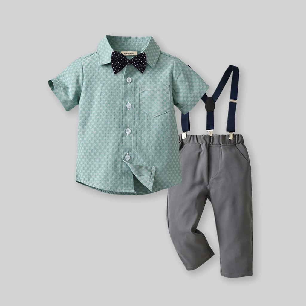 Boys Striped Shirt With Bow & Suspender Trousers Set