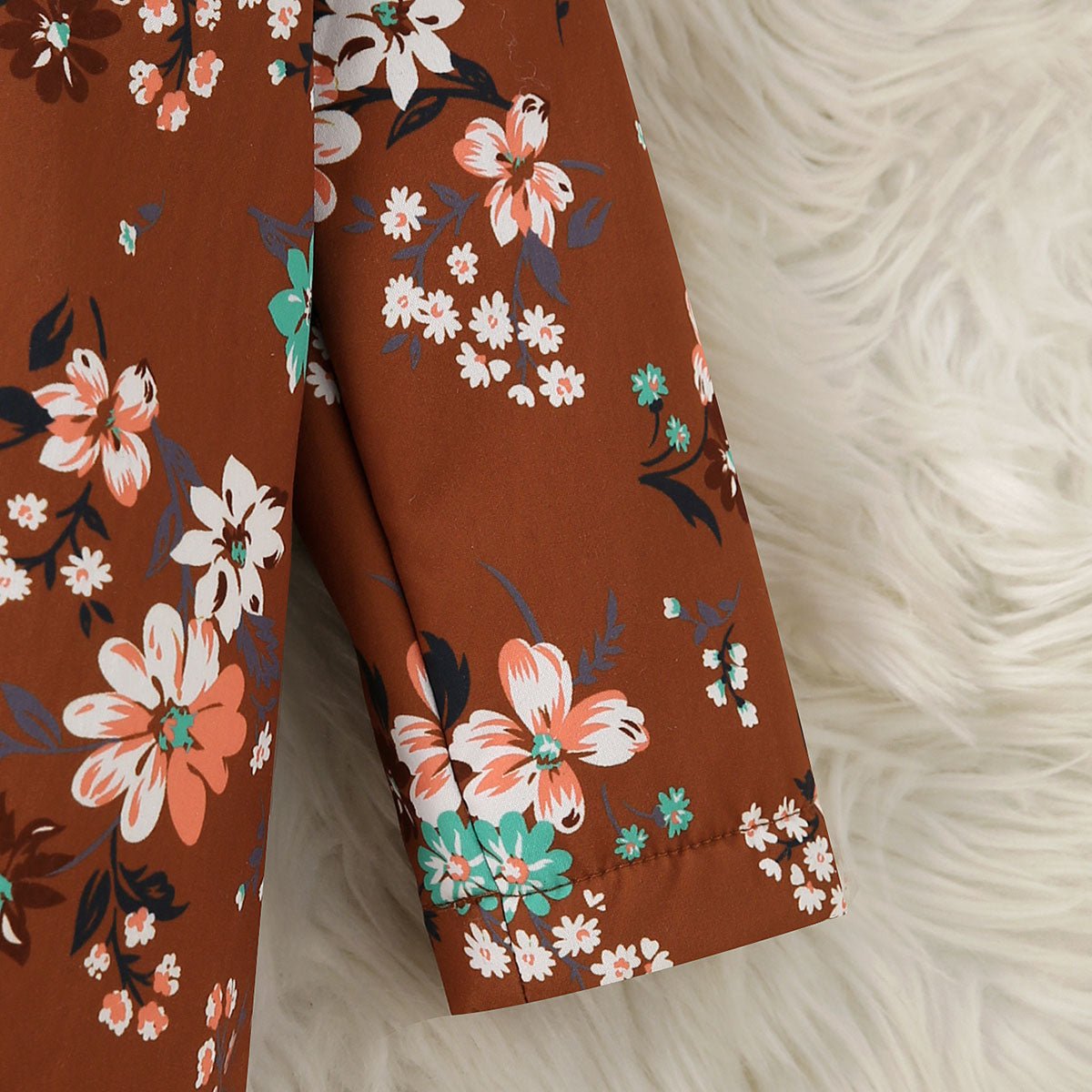Girls Brown Floral Printed Hooded Front Open Winter Jacket Coats & Jackets