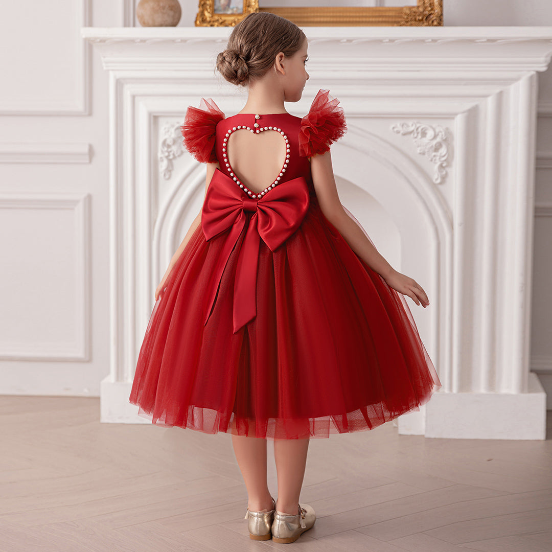 Girls Maroon Duchess Sateen Tulle Party Dress with Heart Back Party Dresses