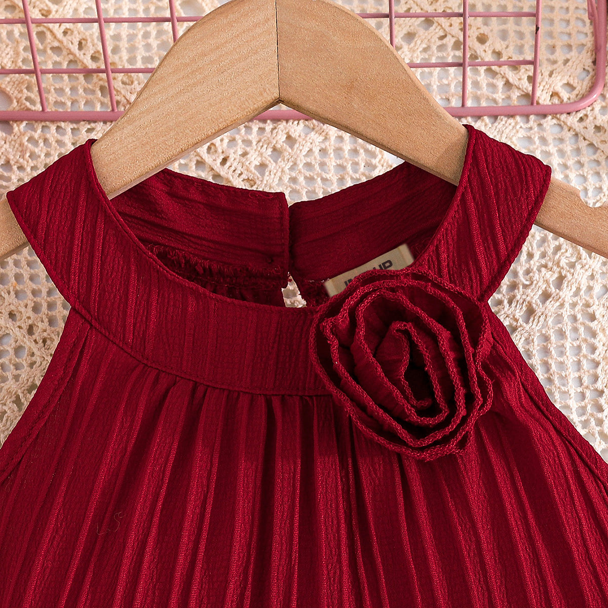 Girls Maroon Texture Panelled Halter Neck A-line Dress Casual Dresses