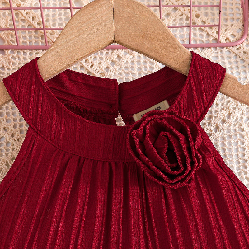 Girls Maroon Texture Panelled Halter Neck A-line Dress Casual Dresses