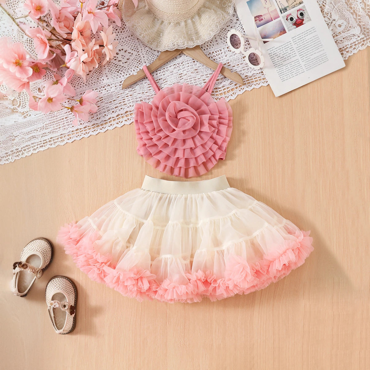 Girls Peach Big Flower Applique Crop Top With Tiered Tulle Skirt Sets Sets Peach 3-4 Y