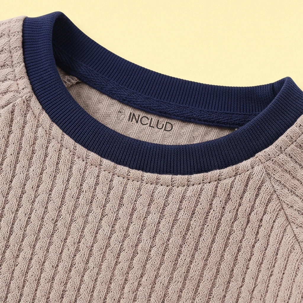 Boys Khaki Textured Sweatshirt With Denim Pants Sets Sets