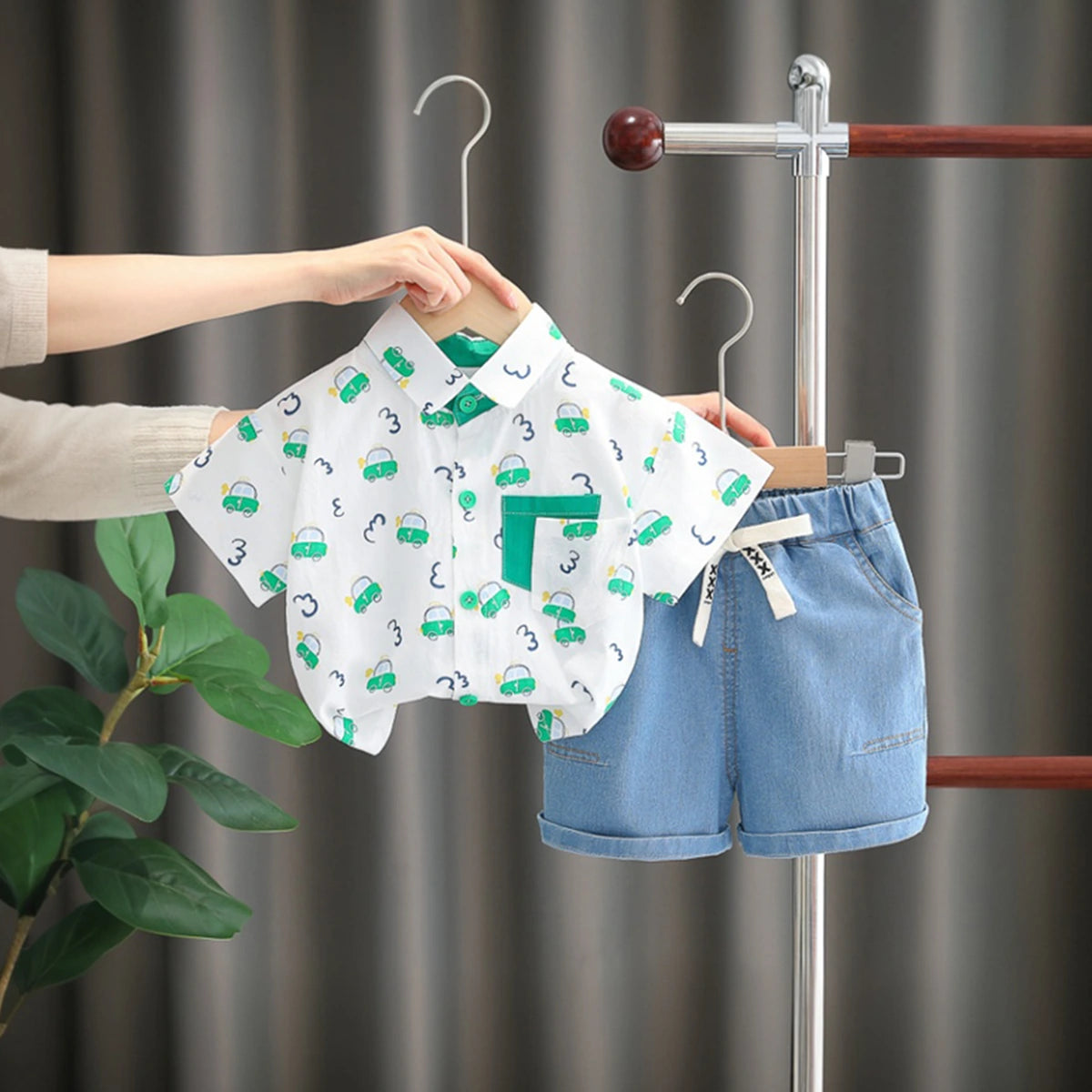 Boys Light Green Car Printed Short Sleeve Shirt With Denim Shorts Sets 2 pc. Sets Light Green 1-2 Y