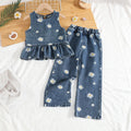 Girls Blue Denim Daisy Print Peplum Top With Pants Co-ord Sets Sets Blue 2-3 Y