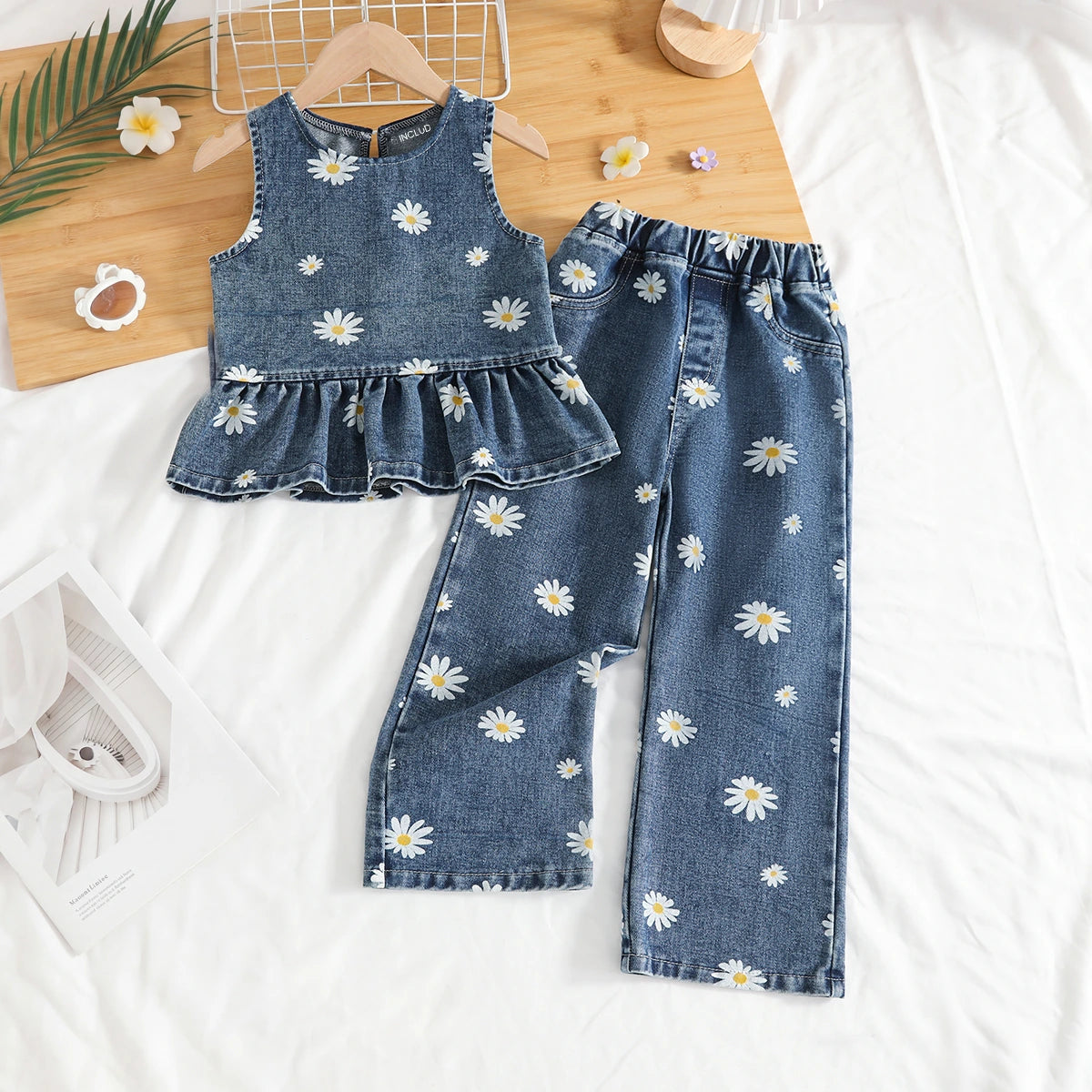 Girls Blue Denim Daisy Print Peplum Top With Pants Co-ord Sets Sets Blue 2-3 Y