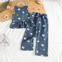 Girls Blue Denim Daisy Print Peplum Top With Pants Co-ord Sets Sets Blue 2-3 Y