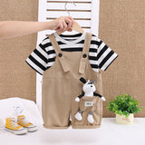 Boys Black Stripes Short Sleeve T-Shirt And Dungaree Set With Teddy Applique