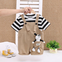 Boys Black Stripes Short Sleeve T-Shirt And Dungaree Set With Teddy Applique 2 pc. Sets Black 1-2 Y