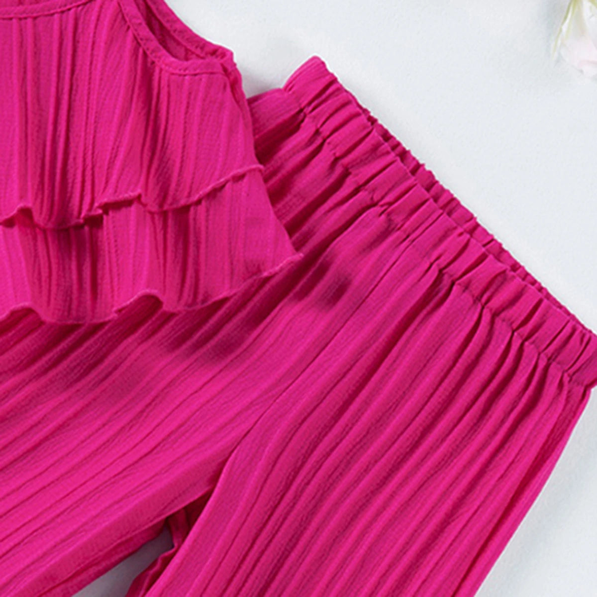 Girls Fuchsia Self Stripes Sleeveless Tiered Top With Pants Co-ord Sets Sets