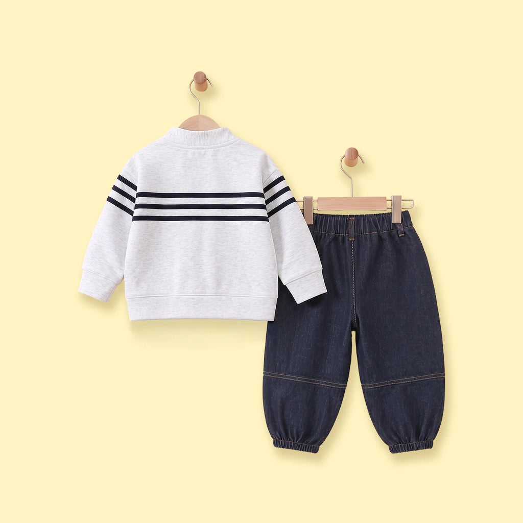 Boys Light Grey Striped Jacket With Denim Pants Sets Sets