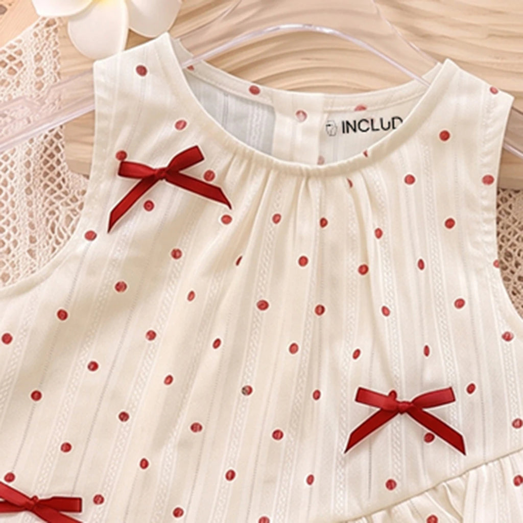 Girls Cream Polka Dot Print Sleeveless Top With Skirt Sets 2 pc. Sets