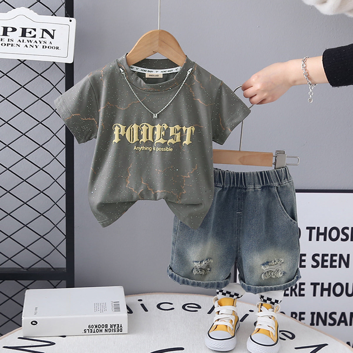 Boys Grey Short Sleeve Printed T-Shirt With Neck Chain And Denim Shorts Set 3 pc. Sets Grey 1-2 Y