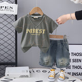 Boys Grey Short Sleeve Printed T-Shirt With Neck Chain And Denim Shorts Set