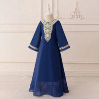Girls Blue Embroidered Flared Sleeves Maxi Dress Casual Dresses