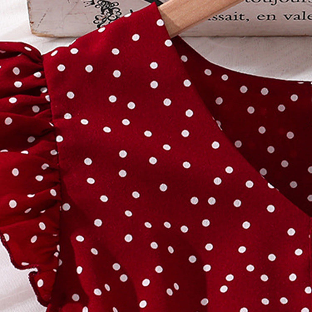 Girls Maroon Polka Dot Print Flutter Sleeve Fit & Flare Dress Casual Dresses
