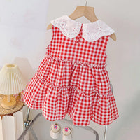Girls Red Checked Strawberry Applique Sleeveless Tiered Dress Casual Dresses