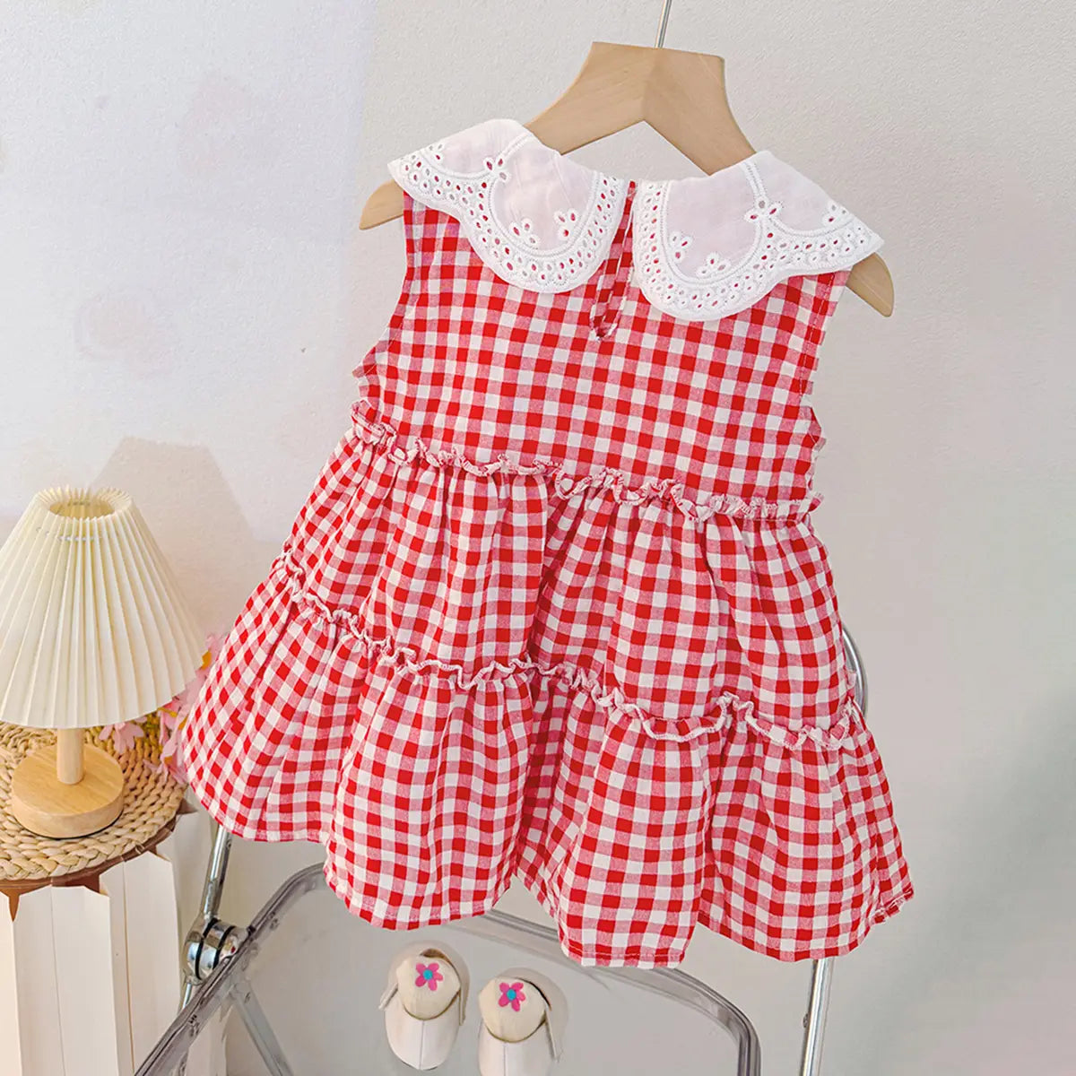 Girls Red Checked Strawberry Applique Sleeveless Tiered Dress Casual Dresses