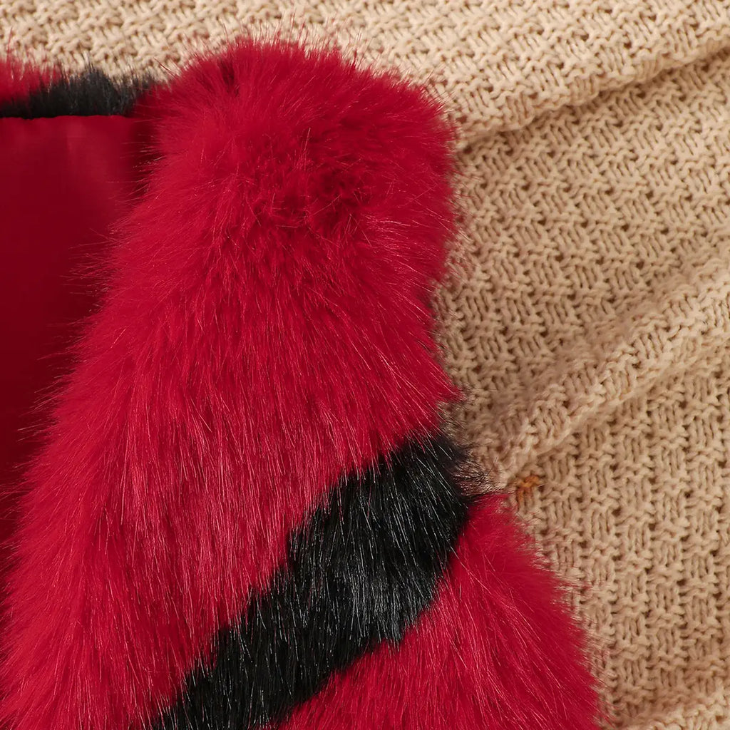 Girls Long Sleeve T-Shirt With Red Faux Fur Vest & Faux Leather Skirt & Hat Sets Sets