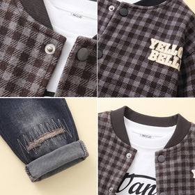 Boys Grey Checked Jacket With T-Shirt And Denim Pants Sets 3 pc. Sets