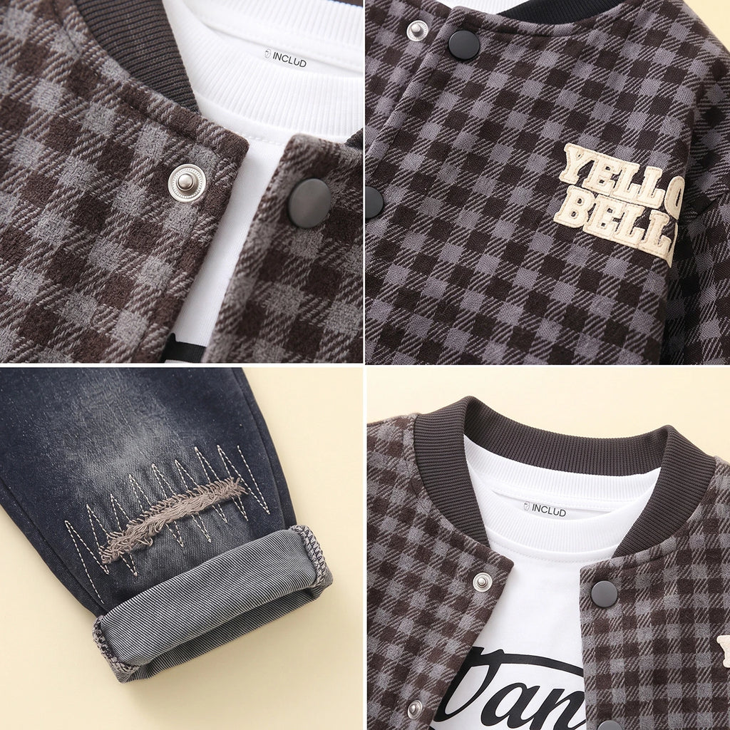 Boys Grey Checked Jacket With T-Shirt And Denim Pants Sets 3 pc. Sets