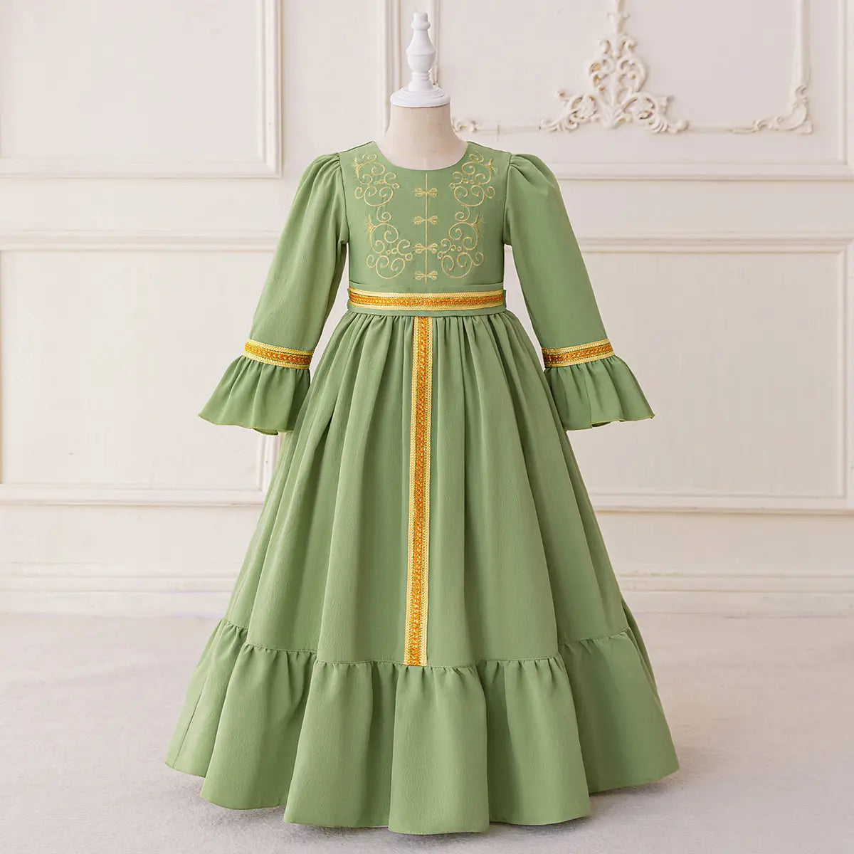 Girls Green Long Sleeves Maxi Dress With Golden Elegant Embroidery Casual Dresses Green 3-4 Y