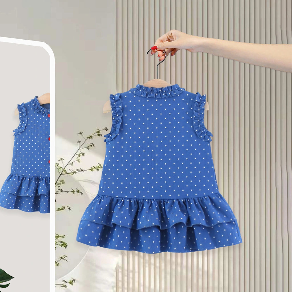 Girls Blue Polka Dot Print Kitty Ruffle Dress Casual Dresses