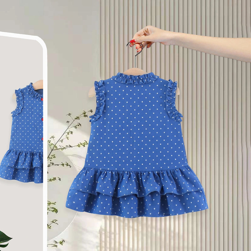 Girls Blue Polka Dot Print Kitty Ruffle Dress Casual Dresses