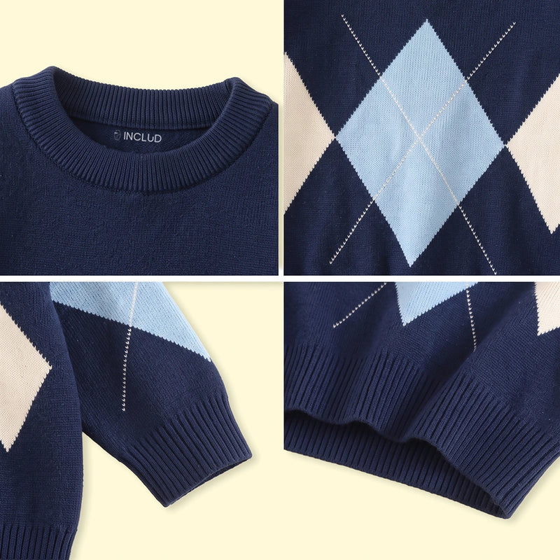 Boys Navy Blue Diamond Jacquard Long Sleeve Sweater Sweaters & Cardigans