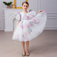 Girls White Floral Printed Knee Length Party Dress with Statement Back Bow Party Dresses