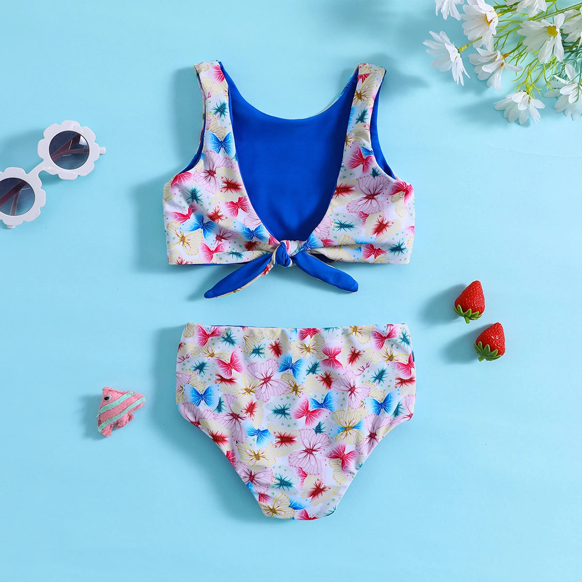 Girls Multicolor Butterfly Print Sleeveless Top With Briefs Swimwear Sets Sets