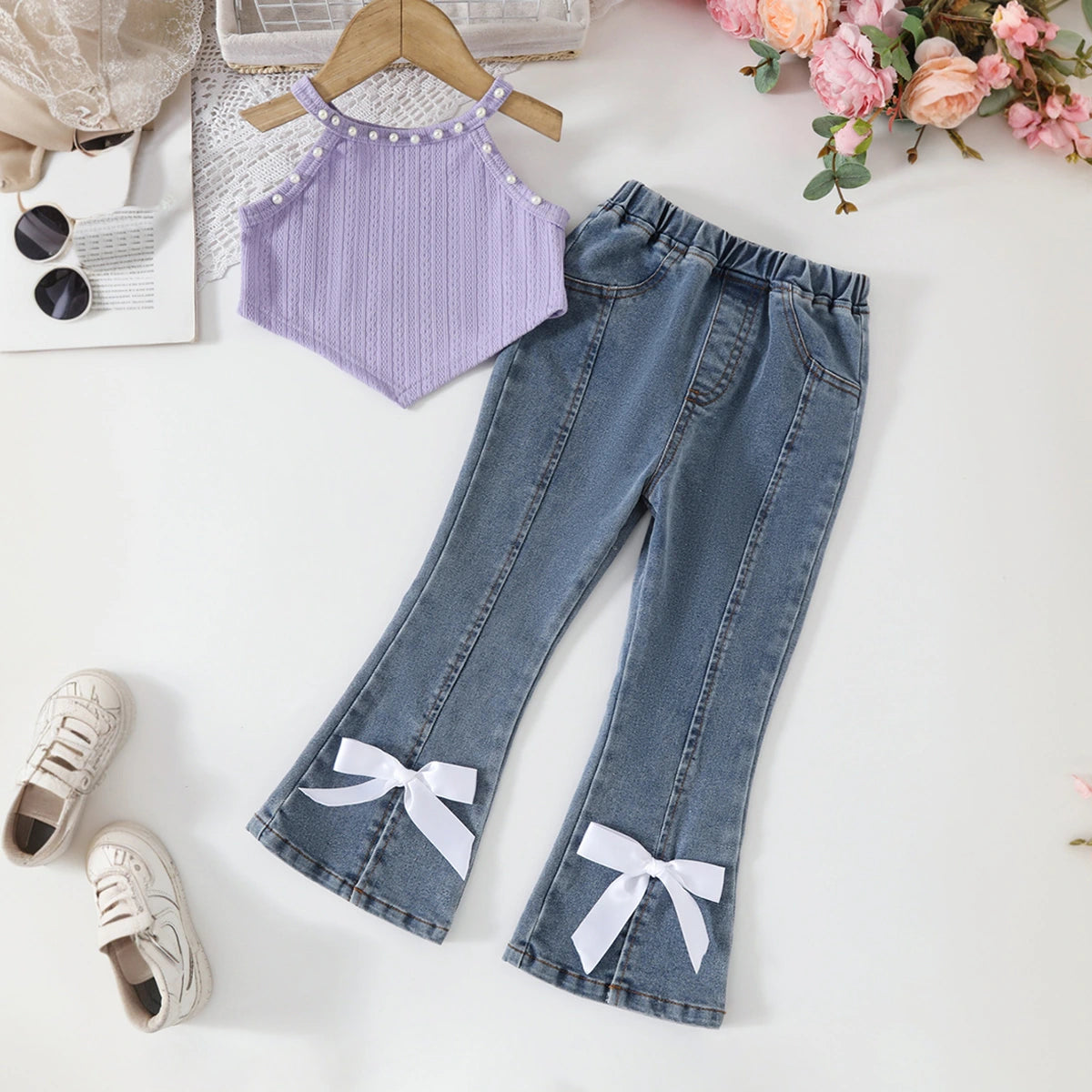 Girls Lavender Pearl Embellished Crop Top With Denim Flared Pants Set Sets Lavender 3-4 Y