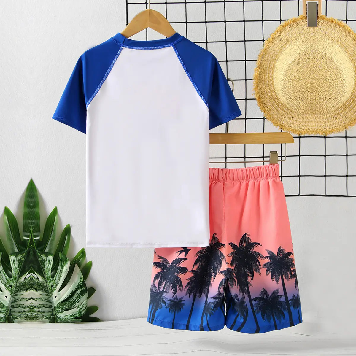 Boys White Tropical Print Short Sleeves T-Shirt With Shorts Swimwear Sets Beachwear