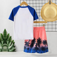 Boys White Tropical Print Short Sleeves T-Shirt With Shorts Swimwear Sets Beachwear