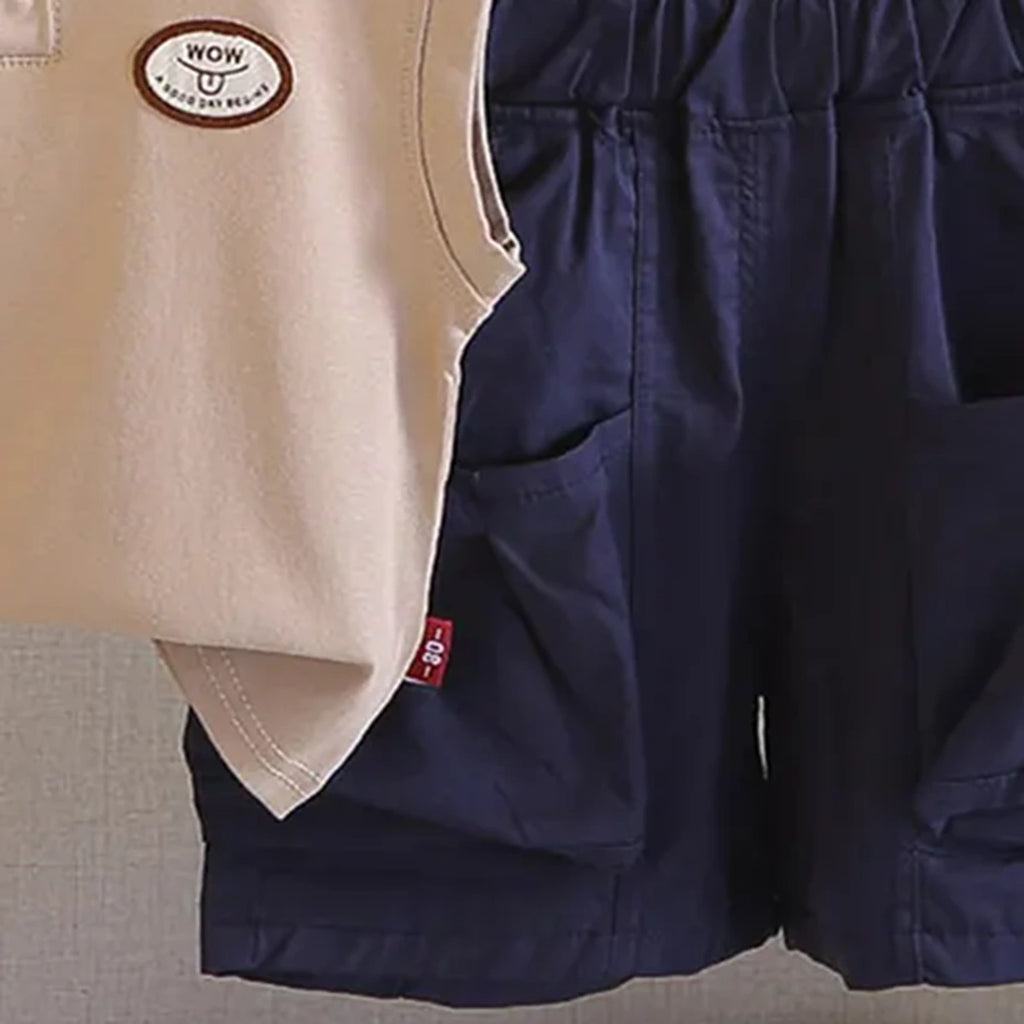 Boys Beige Sleeveless Polo-T-Shirt With Cargo Shorts Sets Sets