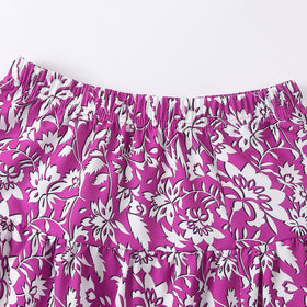 Girls Purple Puff Sleeves Top With Printed Tiered Skirts Set 2 pc. Sets