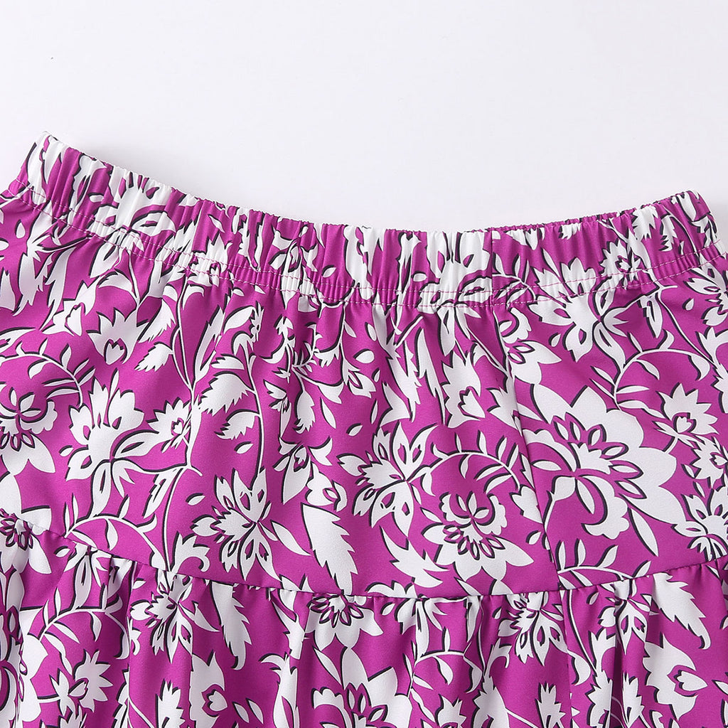 Girls Purple Puff Sleeves Top With Printed Tiered Skirts Set 2 pc. Sets