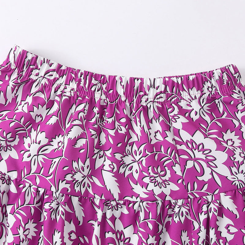 Girls Purple Puff Sleeves Top With Printed Tiered Skirts Set 2 pc. Sets