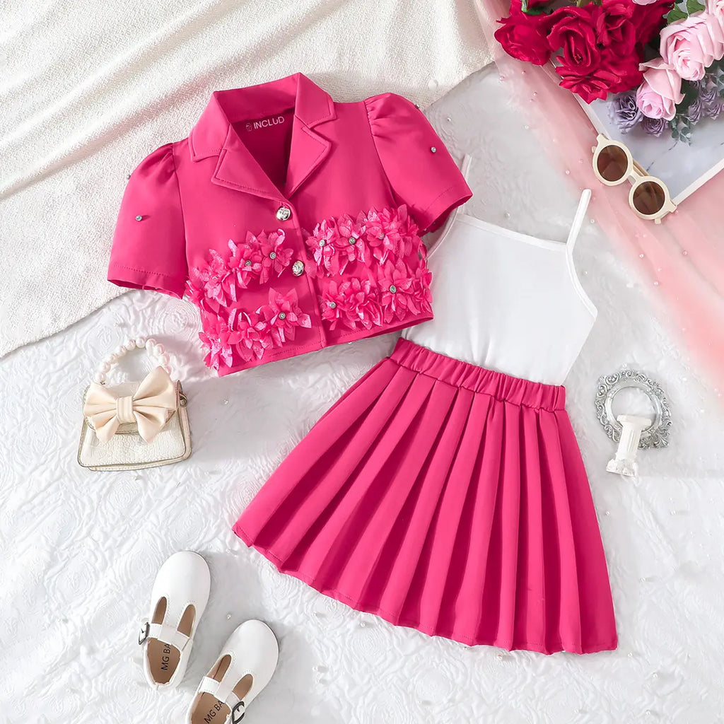 Girls Fuchsia Floral Applique Top With Camisole Top & Pleated Skirt Sets 3 pc. Sets Fuchsia 2-3 Y