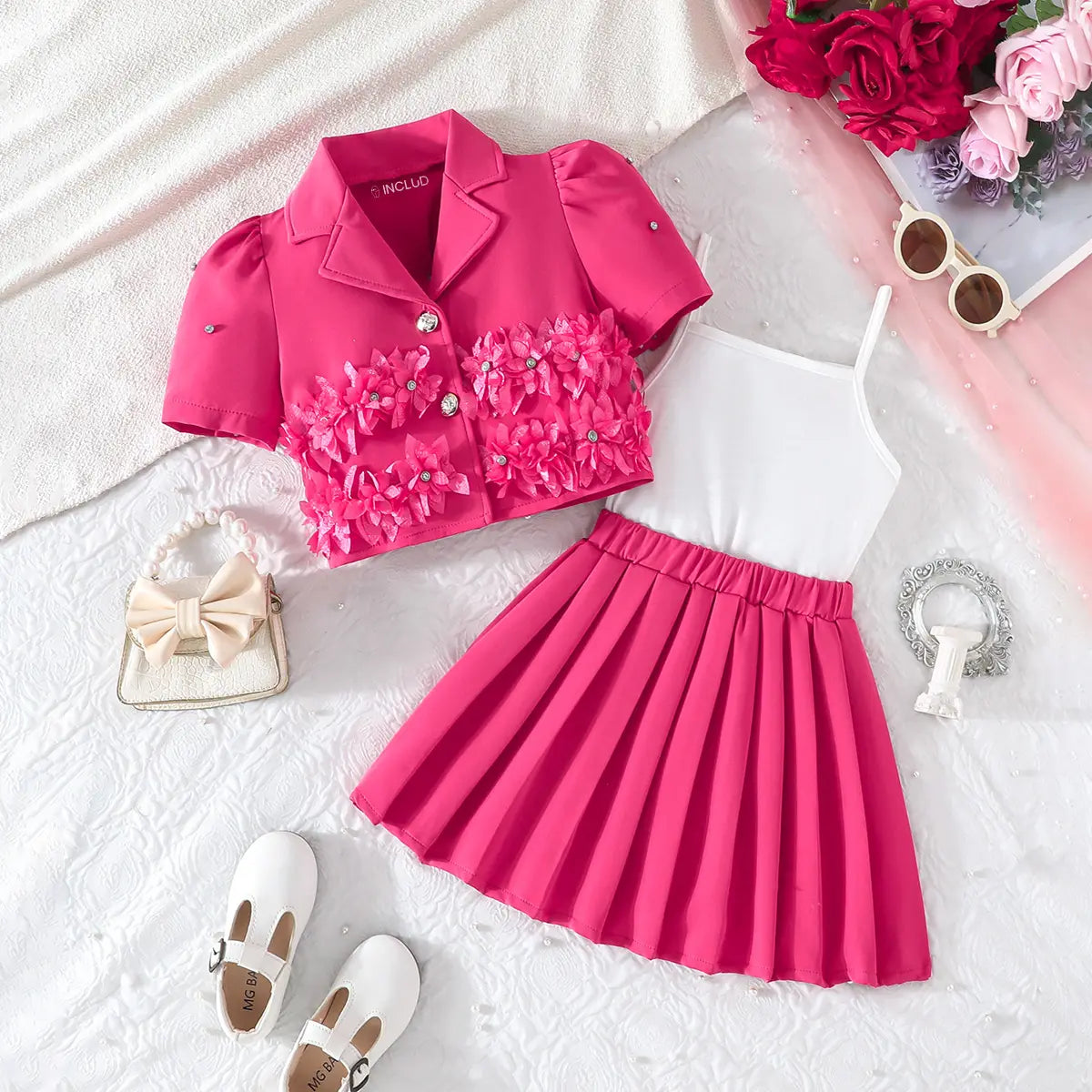 Girls Fuchsia Floral Applique Top With Camisole Top & Pleated Skirt Sets 3 pc. Sets Fuchsia 2-3 Y