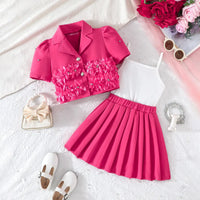 Girls Fuchsia Floral Applique Top With Camisole Top & Pleated Skirt Sets 3 pc. Sets Fuchsia 2-3 Y